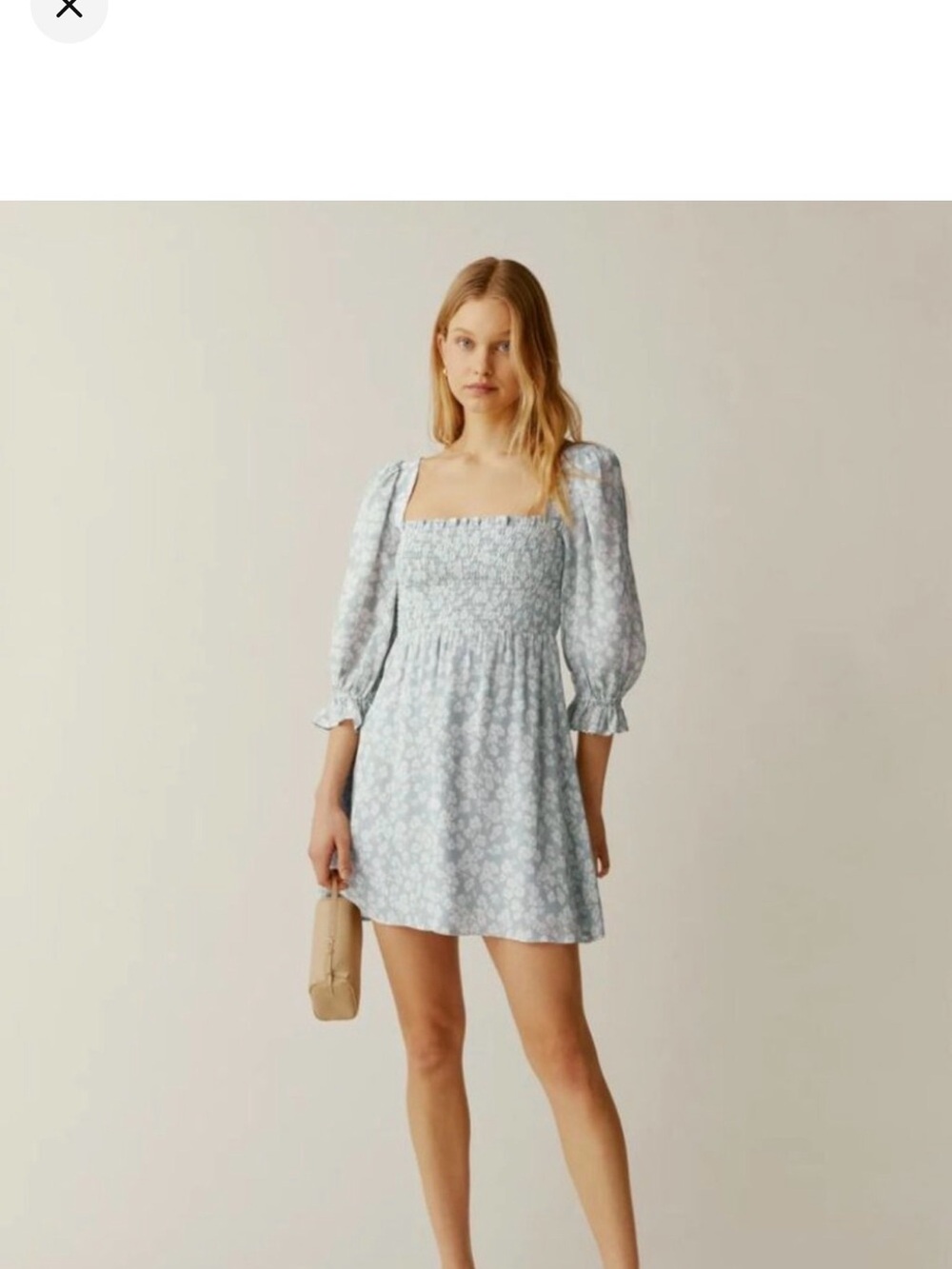 Reformation Light Blue and White Floral Smocked Tunic